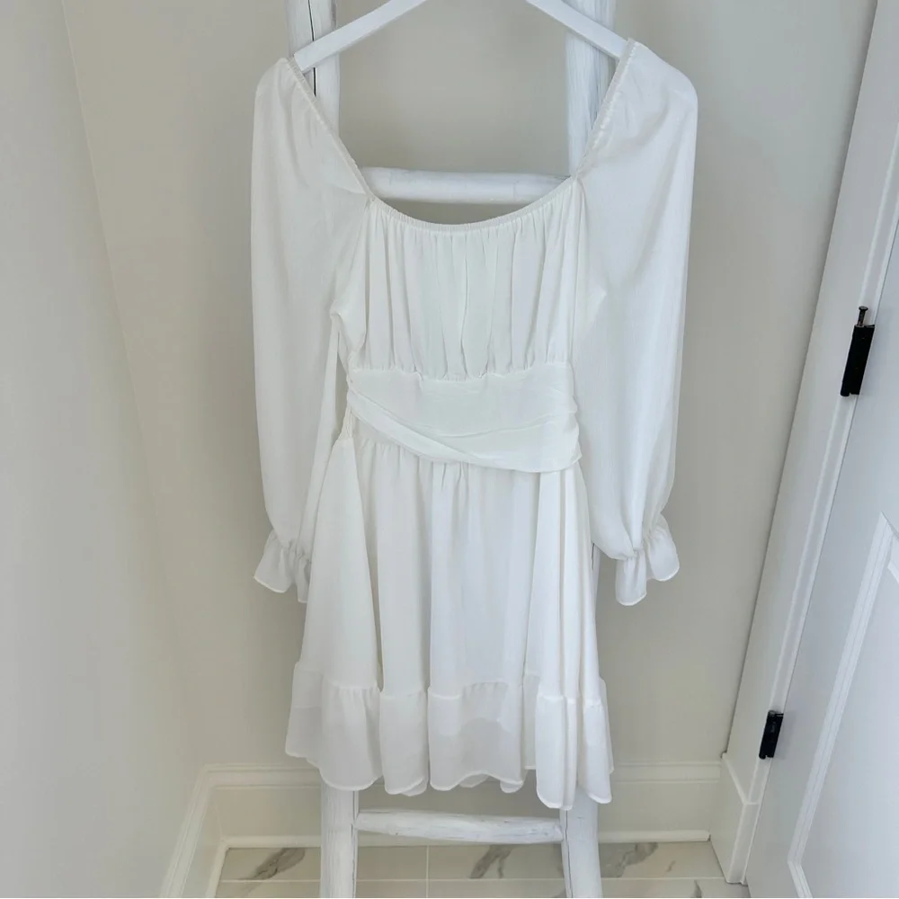 Exlura Long Lantern Sleeve Square Neck Elastic Waist Aline Casual Mini Dress